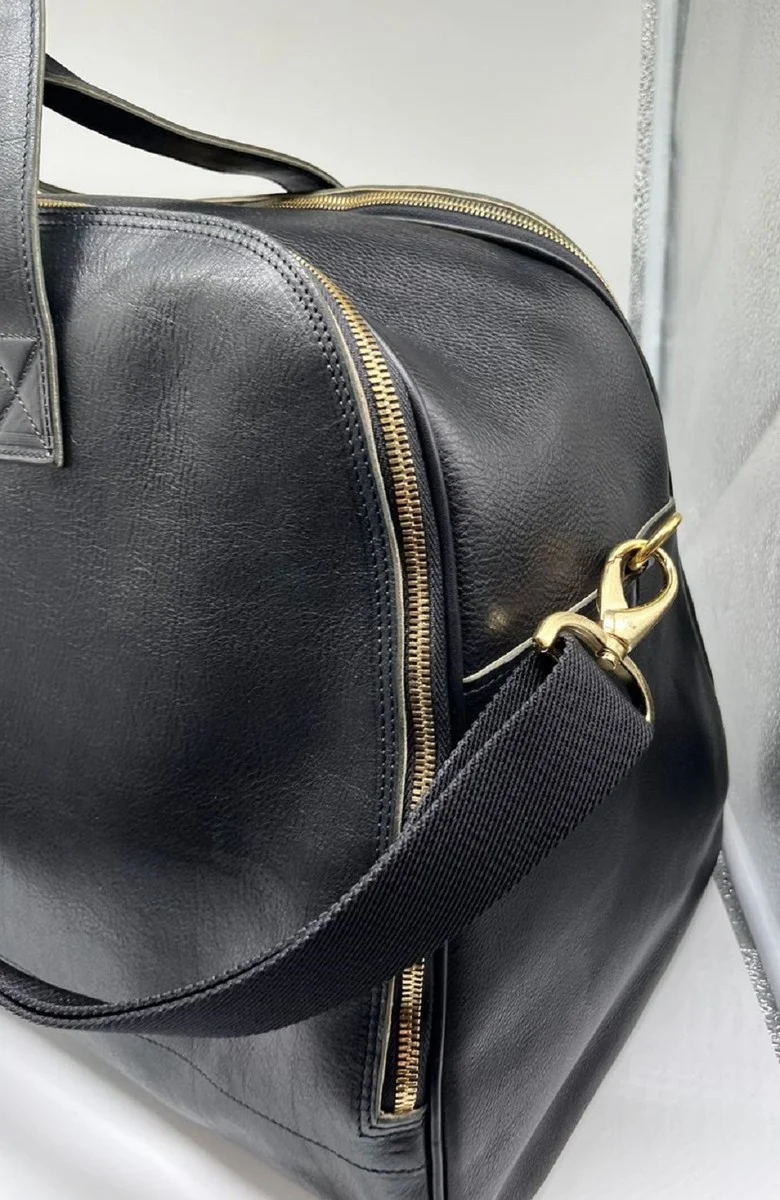 Casa Padrino Luxus Echtleder Reisetasche Schwarz / Gold 50 cm - Made in Italy