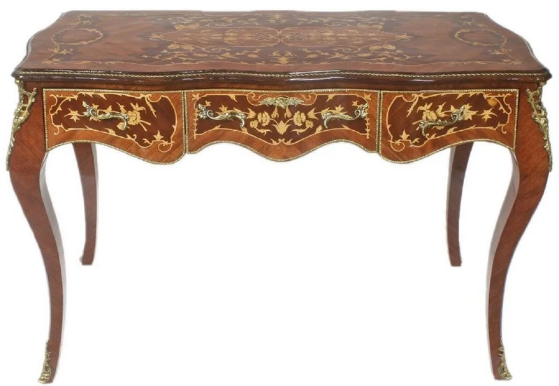 Casa Padrino Barock Schreibtisch Braun / Messingfarben 140 x 60 x H. 80 cm - Handgefertigter Massivholz Bürotisch mit 3 Schubladen und massiven Metallapplikationen - Barock Büro Möbel