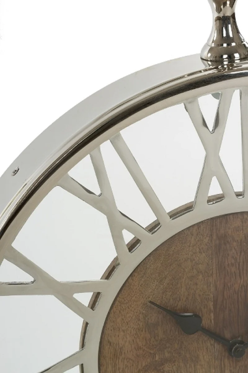Casa Padrino Luxus Wanduhr im Design einer antiken Taschenuhr Silber / Naturfarben Ø 45 cm - Dekorative runde Uhr mit einem Ziffernblatt aus unbehandeltem Holz