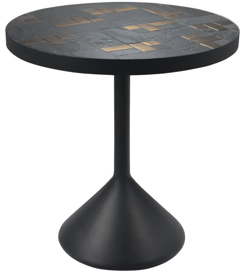 Casa Padrino Luxus Wohnzimmertisch Mehrfarbig / Schwarz Ø 50 x H. 53 cm - Runder Couchtisch mit Schieferplatten & Keramik Fliesen