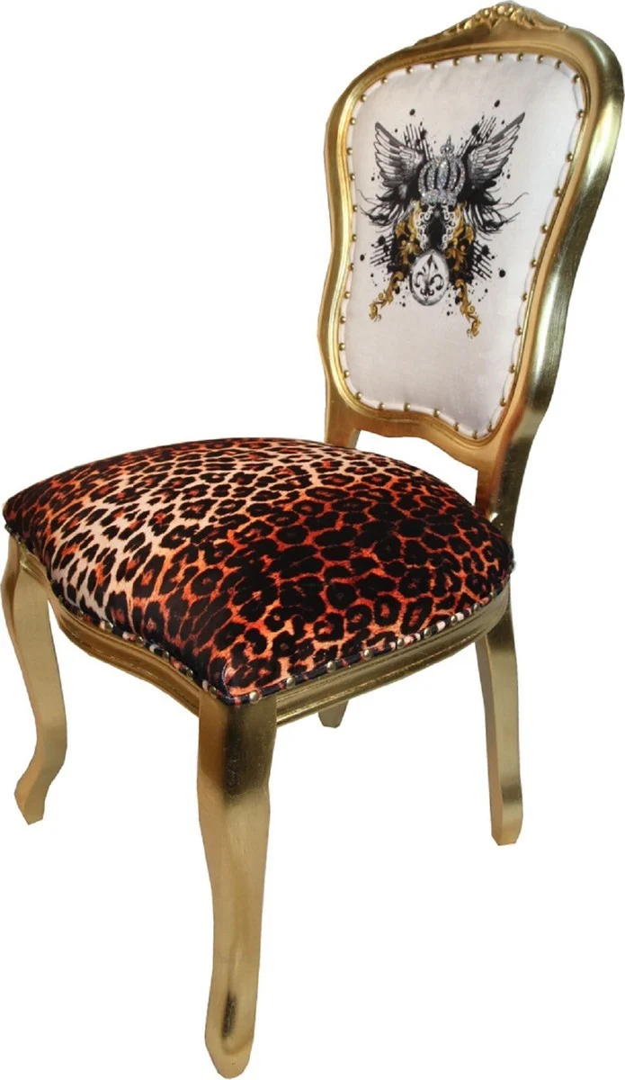 Pompöös by Casa Padrino Luxus Barock Esszimmerstühle Glitzerkrone & Engelsflügel Leopard / Weiß / Gold 50 x 60 x H.104 cm - Pompööse Barock Stühle designed by Harald Glööckler - 4 Esszimmerstühle