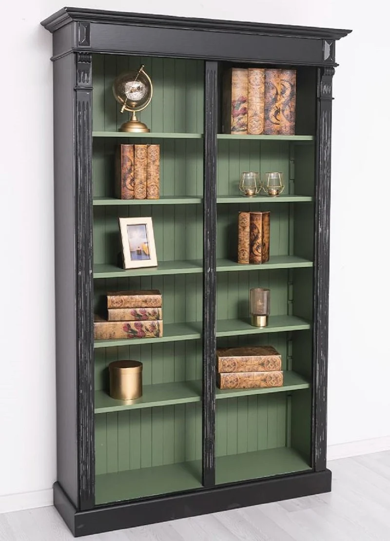 Casa Padrino Landhausstil Bücherschrank Antik Schwarz / Grün 120 x 39 x H. 197 cm - Massivholz Schrank - Regalschrank - Wohnzimmerschrank - Büroschrank - Landhausstil Möbel