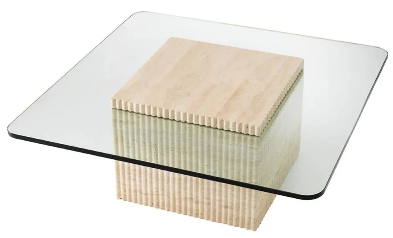 Casa Padrino Luxus Travertin Couchtisch Beige 90 x 90 x H. 35 cm - Quadratischer Naturstein Wohnzimmertisch mit Glasplatte - Wohnzimmer Möbel - Luxus Möbel - Luxus Einrichtung