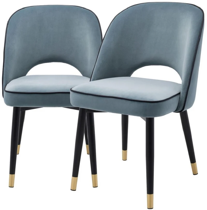 Casa Padrino Luxus Esszimmerstuhl Set Blau / Schwarz / Messing 53 x 56 x H. 84 cm - Esszimmerstühle mit edlem Samtstoff - Esszimmer Möbel