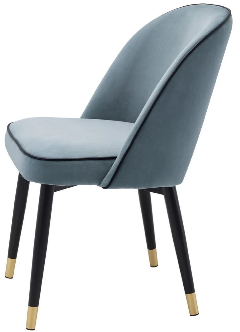 Casa Padrino Luxus Esszimmerstuhl Set Blau / Schwarz / Messing 53 x 56 x H. 84 cm - Esszimmerstühle mit edlem Samtstoff - Esszimmer Möbel
