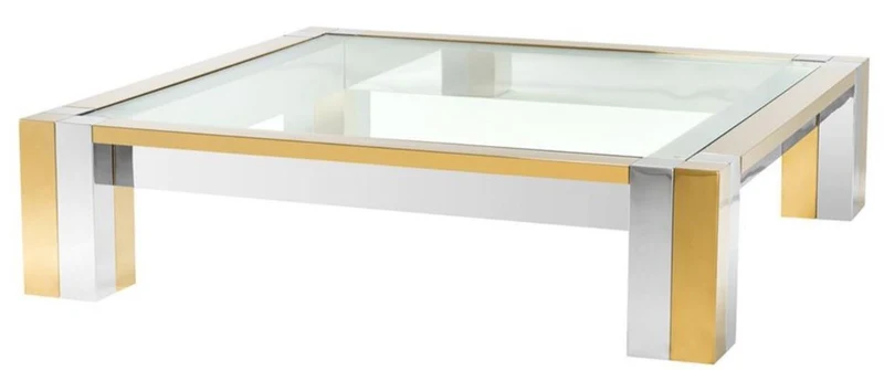Casa Padrino Luxus Edelstahl Couchtisch Silber / Gold 120 x 120 x H. 30 cm - Designer Wohnzimmertisch mit Glasplatte