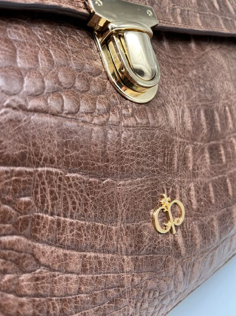 Casa Padrino Luxus Echtleder Herren Aktentasche in Kroko Optik Braun / Gold 42 cm - Made in Italy