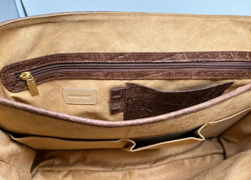 Casa Padrino Luxus Echtleder Herren Aktentasche in Kroko Optik Braun / Gold 42 cm - Made in Italy