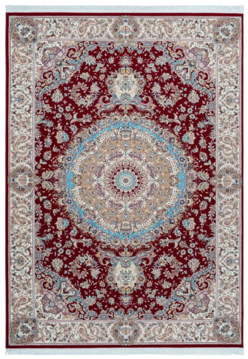 Casa Padrino Luxus Kunstfaser Teppich mit Fransen Rot / Creme / Türkis - Verschiedene Größen - Rechteckiger Wohnzimmer Teppich im Orientalischen Stil