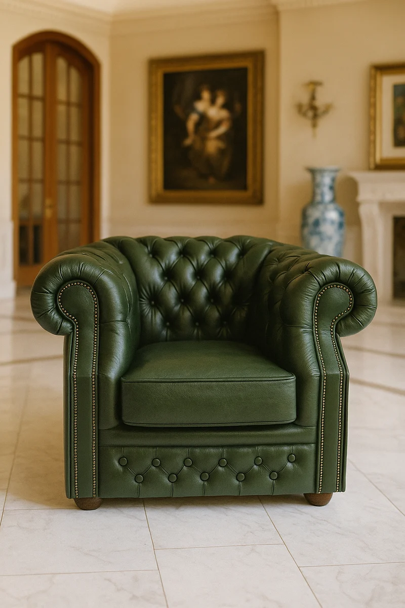 Casa Padrino Luxus Chesterfield Leder Sessel Grün / Dunkelbraun 110 x H. 85 cm - Chesterfield Echtleder Wohnzimmer Sessel - Chesterfield Möbel - Echtleder Möbel - Luxus Möbel