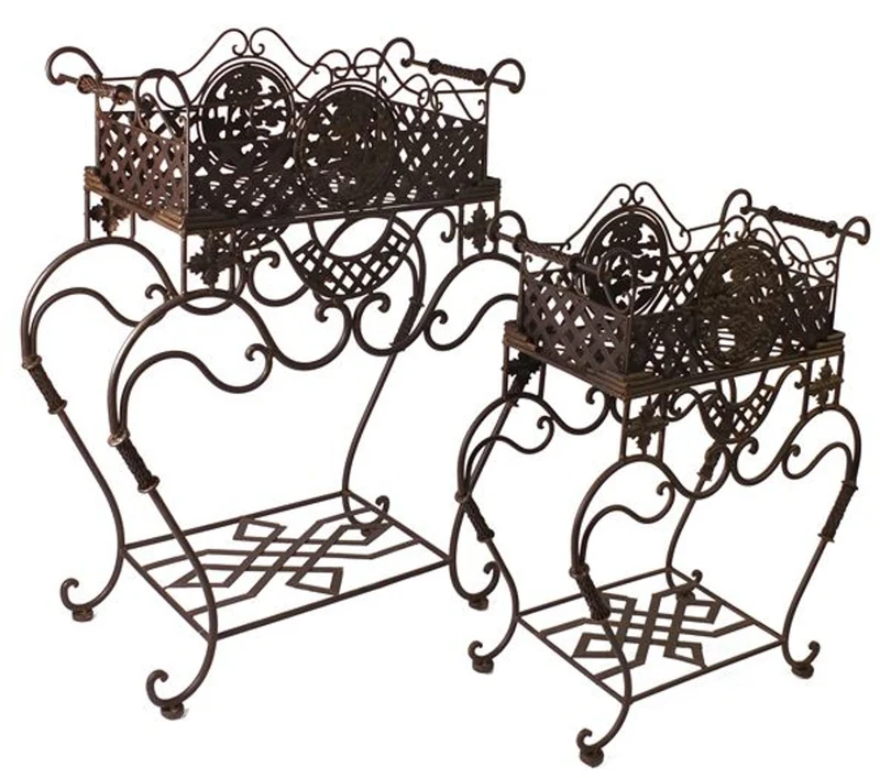 Casa Padrino Jugendstil Pflanzentopfständer Set aus Metall Rostfarben - Blumentopfständer - Blumenständer Barock