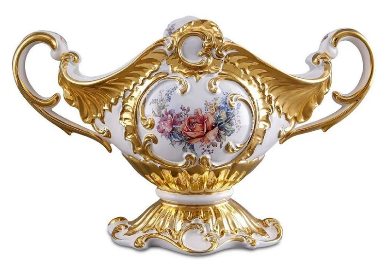 Casa Padrino Barock Schüssel Weiß / Gold / Mehrfarbig 46 x 22 x H. 29 cm - Handbemalte Keramik Schüssel mit Blumenmotiv