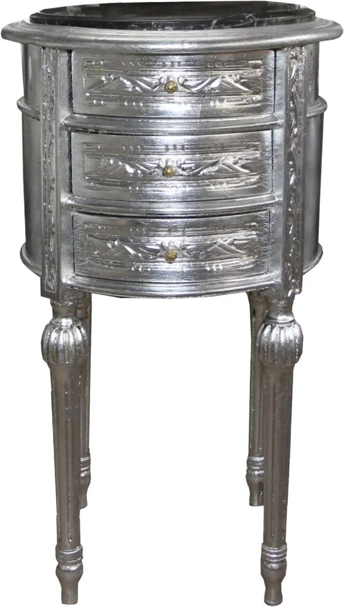 Casa Padrino Barock Kommode / Beistelltisch Silber mit schwarzer Marmorplatte Höhe 72 cm, Durchmesser 41 cm - Nachttisch Konsole