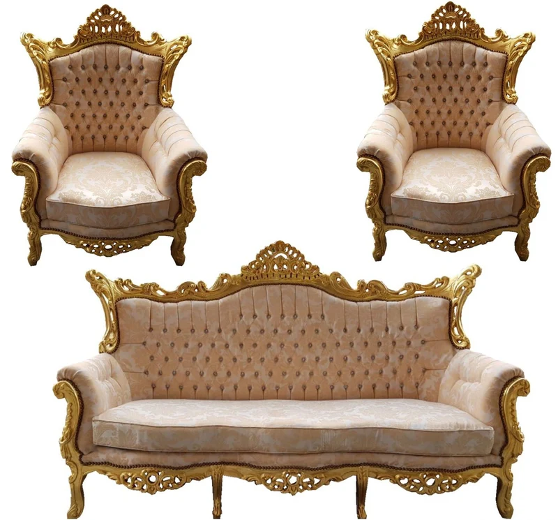 Casa Padrino Barock Wohnzimmer Set Master Creme Muster und Gold mit Glitzersteinen, 3er Sofa und 2 Sessel
