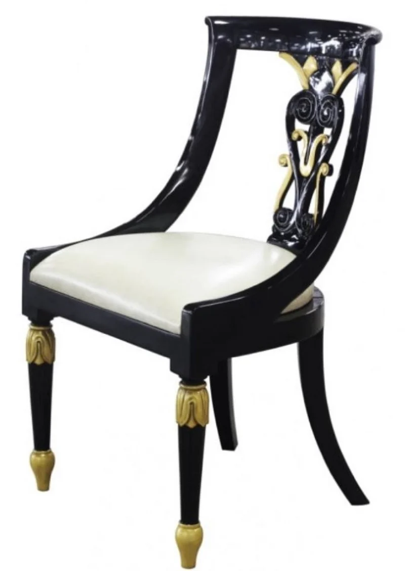 Casa Padrino Luxus Barock Esszimmerstuhl Schwarz / Gold / Weiß 53 x 58 x H. 89 cm - Barock Esszimmermöbel