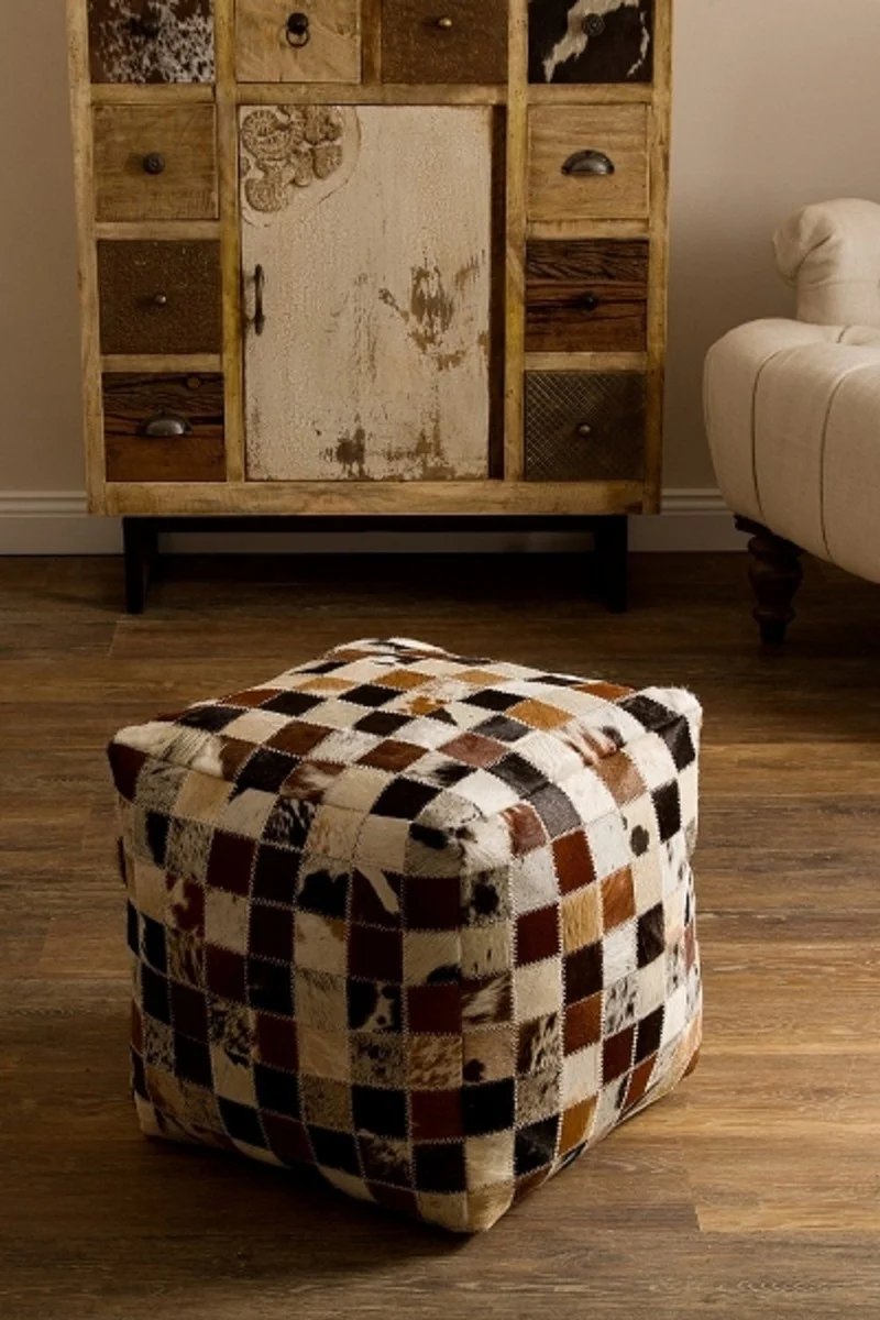 Casa Padrino Luxus Sitzwürfel Mehrfarbig 40 x 40 x H. 40 cm - Fell Sitzhocker im Patchwork Design