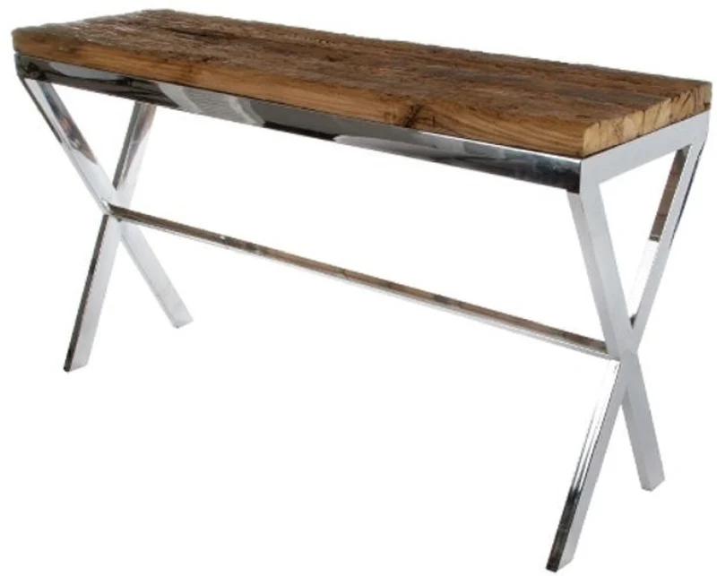 Casa Padrino Luxus Konsole Braun / Silber 140 x 40 x H. 80 cm - Konsolentisch mit rustikaler Oberfläche und zusätzlicher Glasplatte