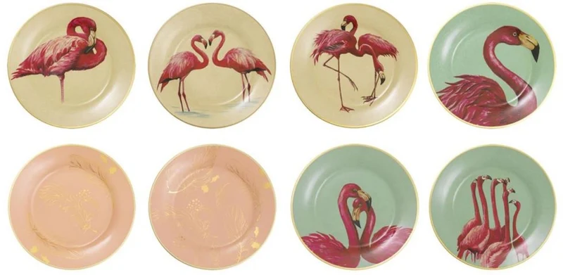 Casa Padrino Deko Porzellan Wandteller 8er Set Flamingos & Federn Mehrfarbig / Gold Ø 27 cm - Luxus Wanddeko