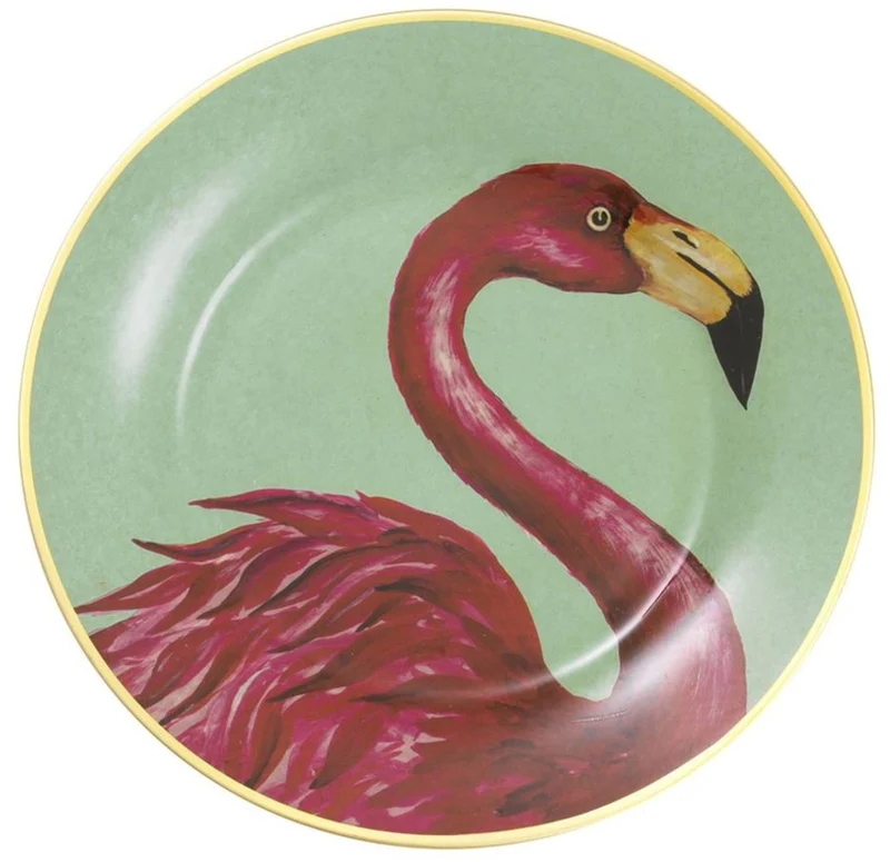 Casa Padrino Deko Porzellan Wandteller 8er Set Flamingos & Federn Mehrfarbig / Gold Ø 27 cm - Luxus Wanddeko