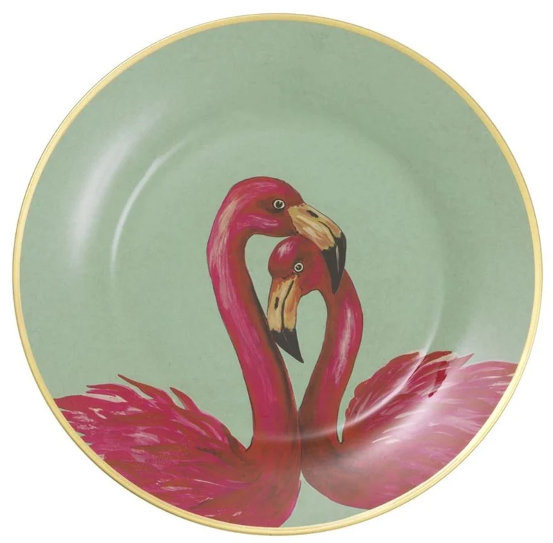 Casa Padrino Deko Porzellan Wandteller 8er Set Flamingos & Federn Mehrfarbig / Gold Ø 27 cm - Luxus Wanddeko