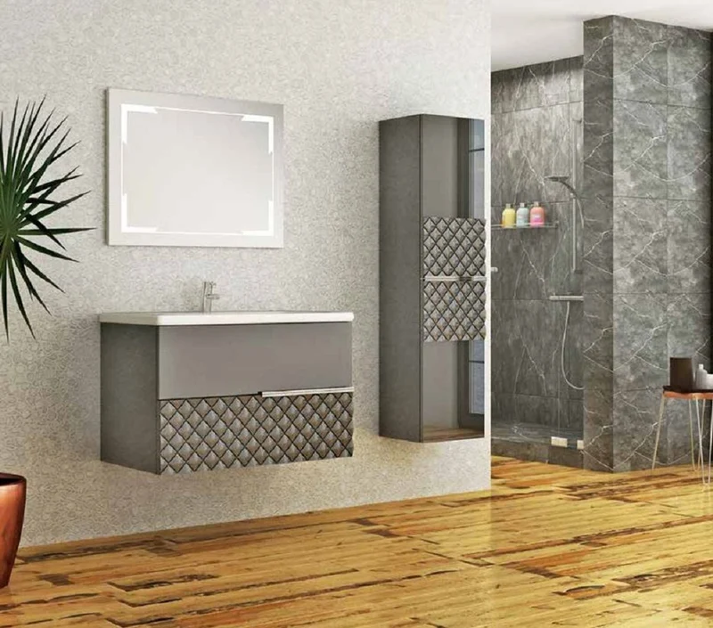 Casa Padrino Luxus Badezimmer Set Grau / Schwarz - 1 Waschtisch und 1 Waschbecken und 1 LED Wandspiegel und 1 Hängeschrank - Luxus Kollektion