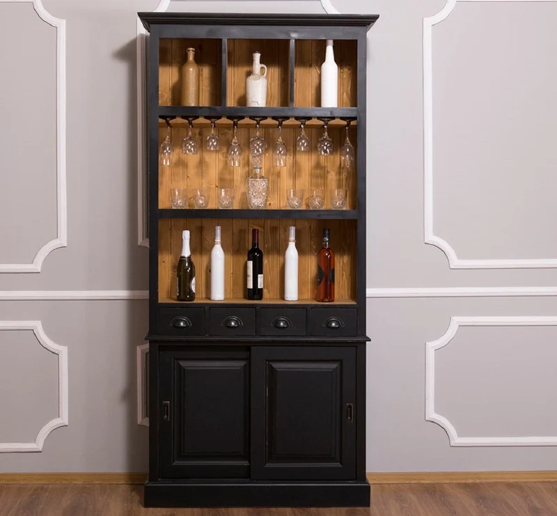 Casa Padrino Landhausstil Weinschrank Schwarz / Naturfarben 103 x 36 x H. 210 cm - Barschrank im Landhausstil
