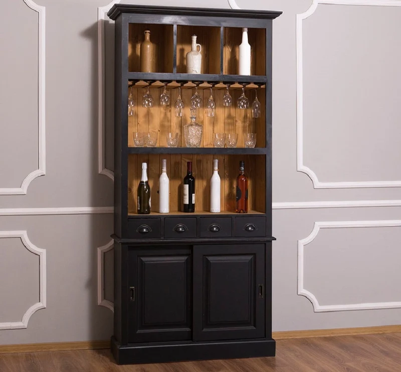 Casa Padrino Landhausstil Weinschrank Schwarz / Naturfarben 103 x 36 x H. 210 cm - Barschrank im Landhausstil