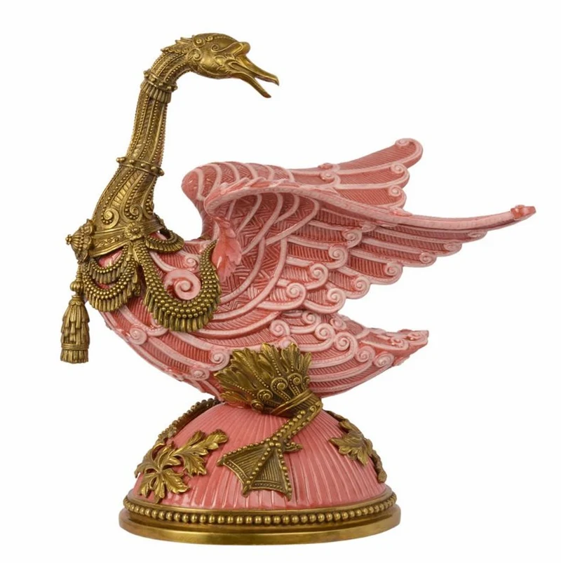 Casa Padrino Barock Skulptur Gans Rose / Gold - Messing / Porzellan 33.4 x 22.8 x H 38.7 cm Mod2 - Rokoko Antik Stil Jugendstil Figur