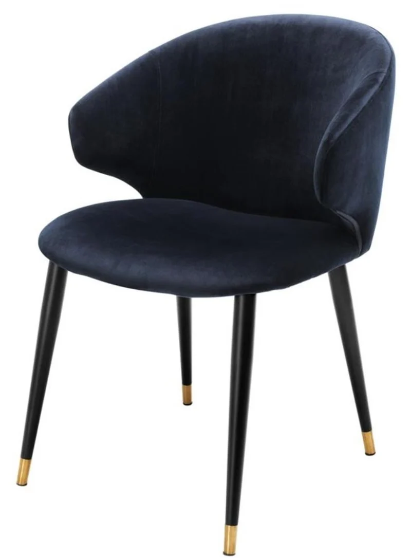 Casa Padrino Luxus Esszimmerstuhl mit Armlehnen Mitternachtsblau / Schwarz / Gold 57 x 66 x H. 83 cm - Esszimmermöbel