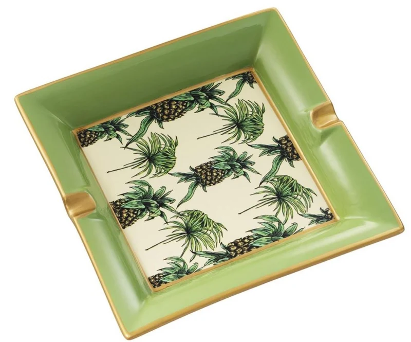 Casa Padrino Luxus Porzellan Aschenbecher Ananas Design Grün / Mehrfarbig 24,5 x 24,5 x H. 4 cm - Wohnzimmer Accessoires