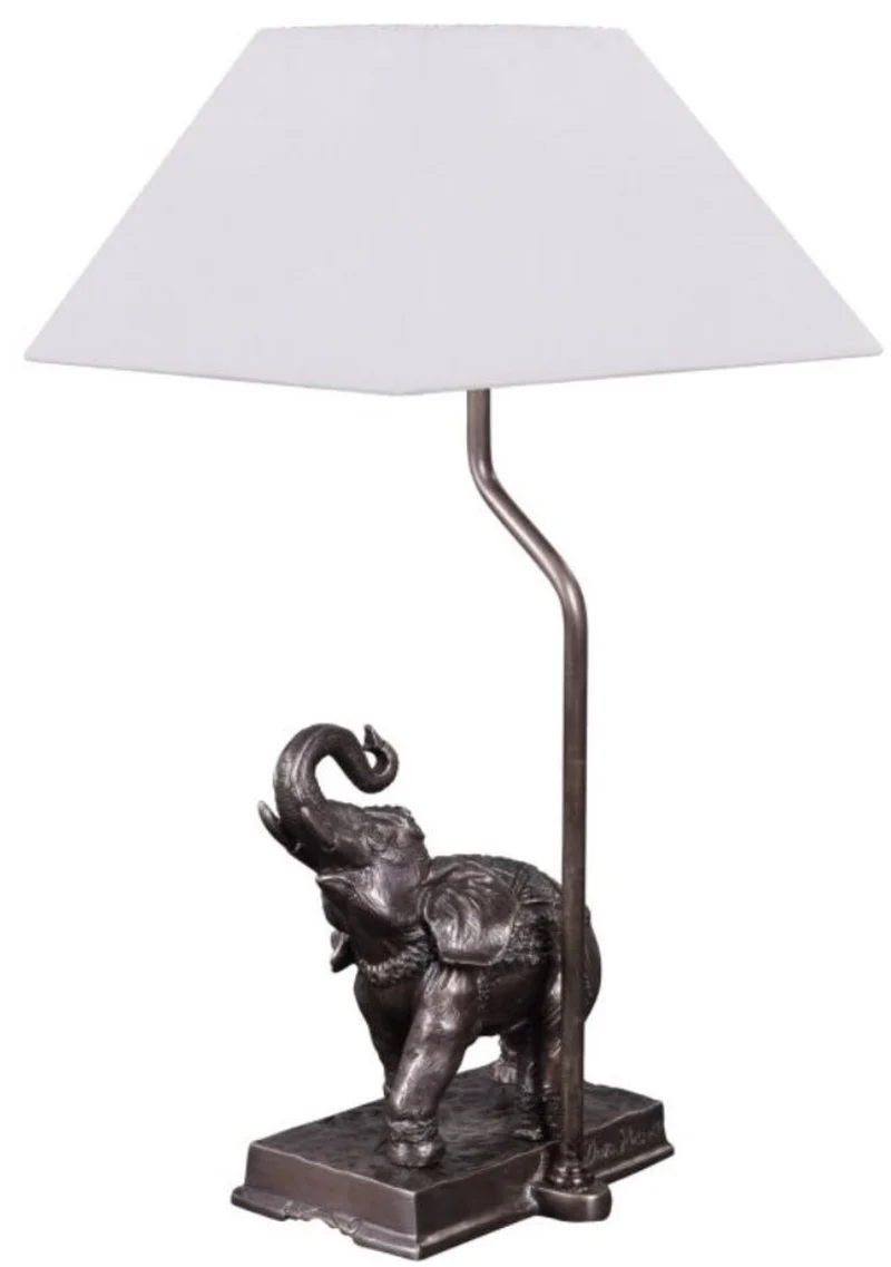 Casa Padrino Tischleuchte Elefant Bronze 35 x 29 x H. 50 cm - Luxus Tischlampe mit weißem Lampenschirm