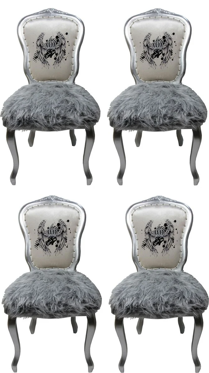 Pompöös by Casa Padrino Luxus Barock Esszimmerstühle Krone Weiß / Grau / Silber - Pompööse Barock Stühle designed by Harald Glööckler - 4 Esszimmerstühle mit Kunstfell
