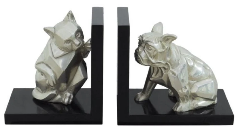 Casa Padrino Luxus Buchstützen Set Katze & Hund Silber / Schwarz 18 x 18 x H. 10 cm - Deko Bronzefiguren mit Holzsockel