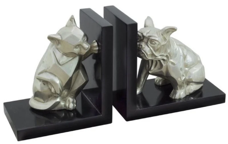 Casa Padrino Luxus Buchstützen Set Katze & Hund Silber / Schwarz 18 x 18 x H. 10 cm - Deko Bronzefiguren mit Holzsockel