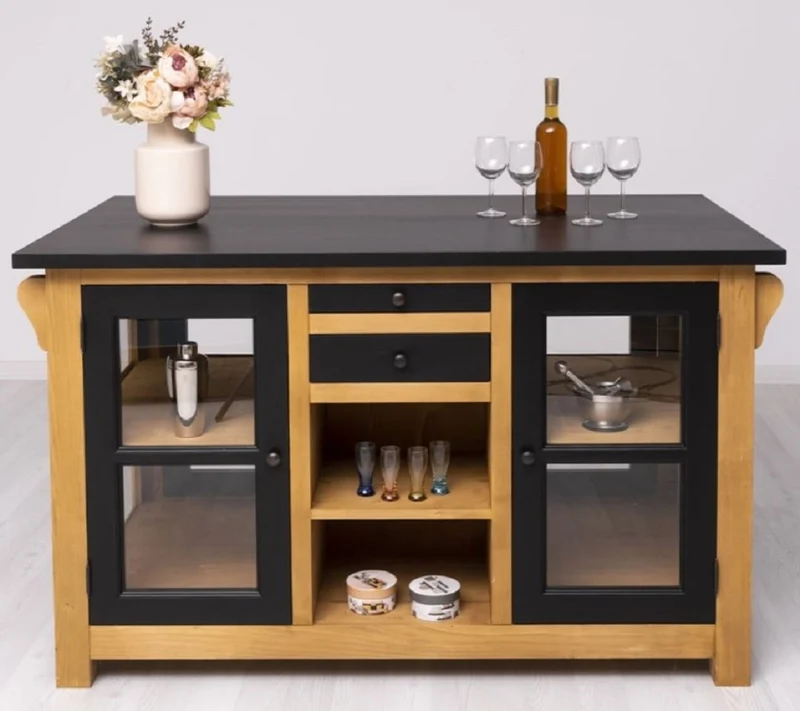 Casa Padrino Landhausstil Kücheninsel Schwarz / Naturfarben 150 x 90 x H. 90 cm - Massivholz Küchenschrank - Landhausstil Massivholz Küchen Möbel - Massivholz Esszimmer Möbel im Landhausstil