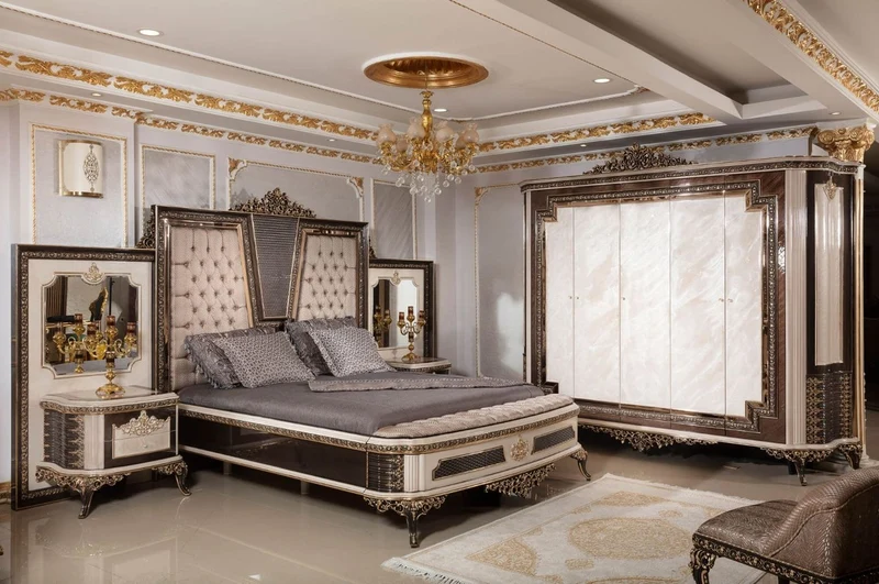 Casa Padrino Luxus Barock Doppelbett und 2 Nachtkommoden