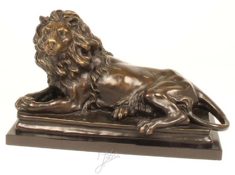 Casa Padrino Luxus Bronzefigur mit Marmorsockel Liegender Nach Links Schauender Löwe Bronze / Grau H. 38 cm - Luxus Qualität