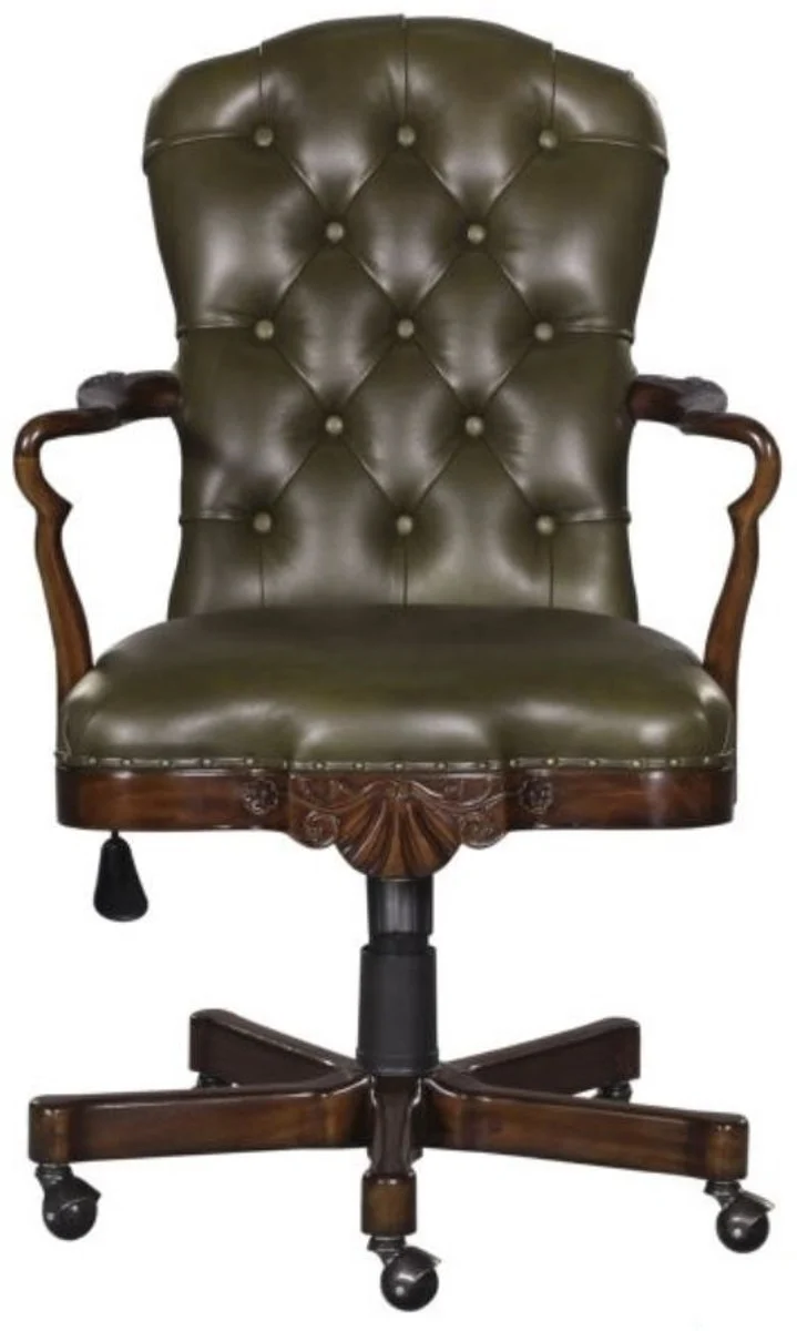 Casa Padrino Luxus Echtleder Bürostuhl Braun / Grün 63 x 68 x H. 102 cm - Luxus Drehstuhl