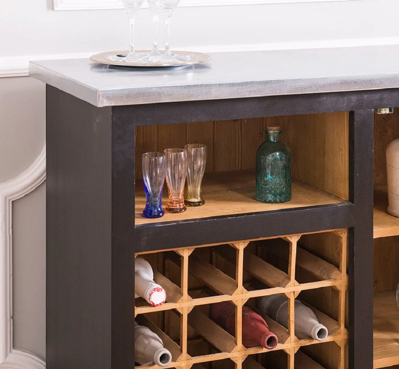 Casa Padrino Landhausstil Weinschrank Schwarz / Naturfarben / Silber 90 x 41 x H. 90 cm - Weinschrank mit Tür und verzinkter Platte