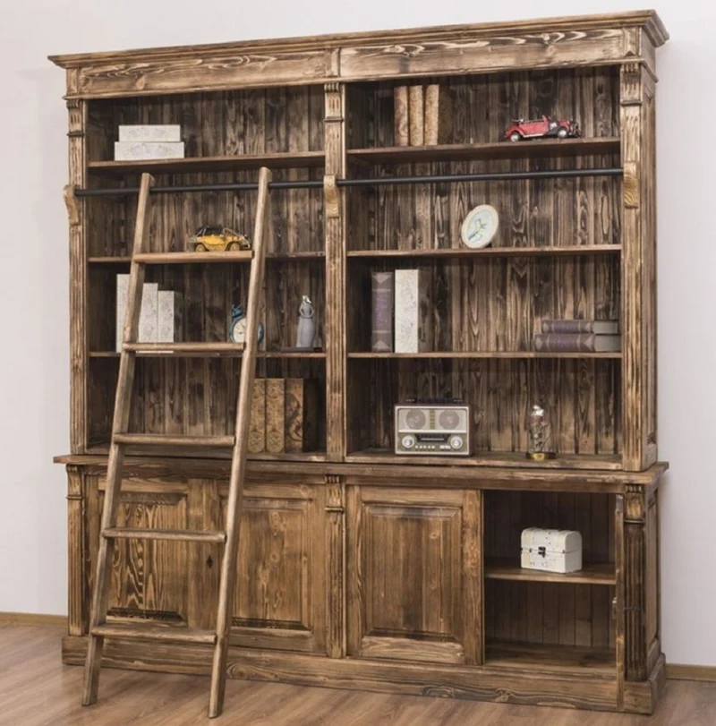 Casa Padrino Landhausstil Bücherschrank mit Leiter Braun 223 x 51 x H. 228 cm - Massivholz Schrank - Wohnzimmerschrank - Regalschrank - Büroschrank - Landhausstil Möbel