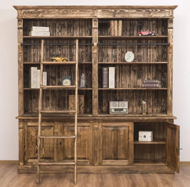 Casa Padrino Landhausstil Bücherschrank mit Leiter Braun 223 x 51 x H. 228 cm - Massivholz Schrank - Wohnzimmerschrank - Regalschrank - Büroschrank - Landhausstil Möbel