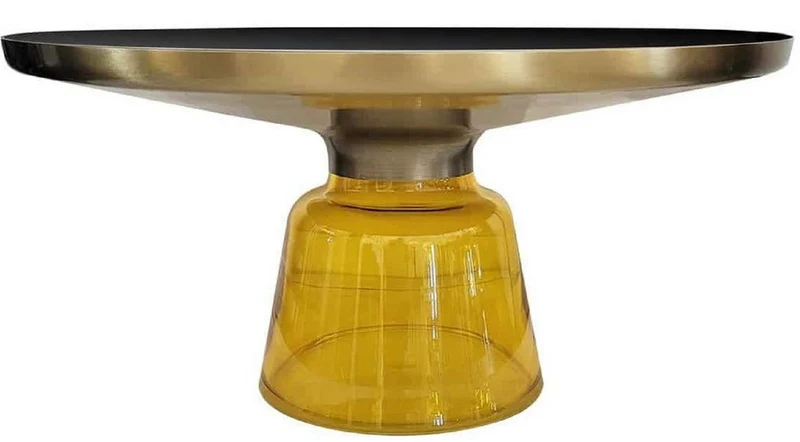 Casa Padrino Luxus Couchtisch Schwarz / Gold / Gelb Ø 75 x H. 37 cm - Runder Glas Wohnzimmertisch - Wohnzimmer Möbel - Luxus Möbel