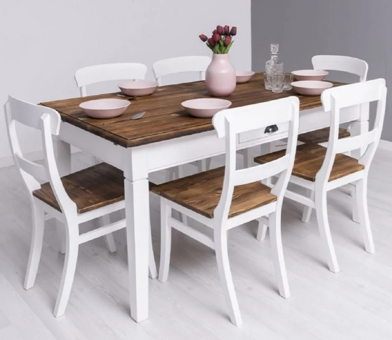 Casa Padrino Landhausstil Esszimmer Möbel Set Weiß / Braun - 1 Landhausstil Esstisch & 6 Landhausstil Esszimmerstühle - Massivholz Esszimmer Möbel - Landhausstil Esszimmer Möbel