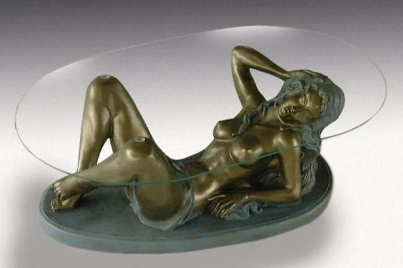 Casa Padrino Jugendstil Couchtisch Frau Antik Messing / Grau H. 45 cm - Eleganter Wohnzimmertisch mit ovaler Glasplatte - Barock & Jugendstil Möbel