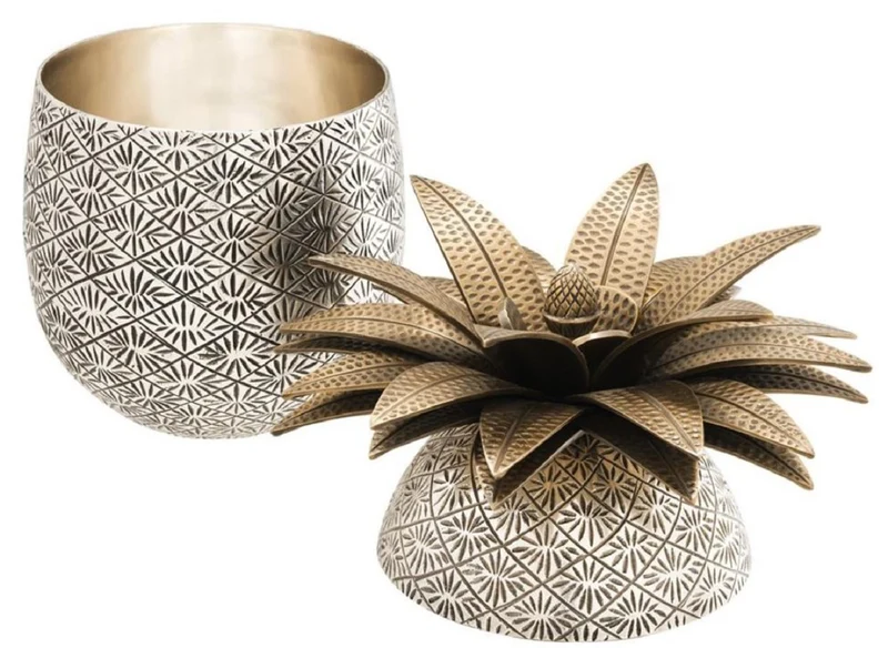Casa Padrino Luxus Ananas Dose mit Deckel Antik Silber / Antik Messing Ø 16 x H. 28 cm - Designer Deko Accessoires