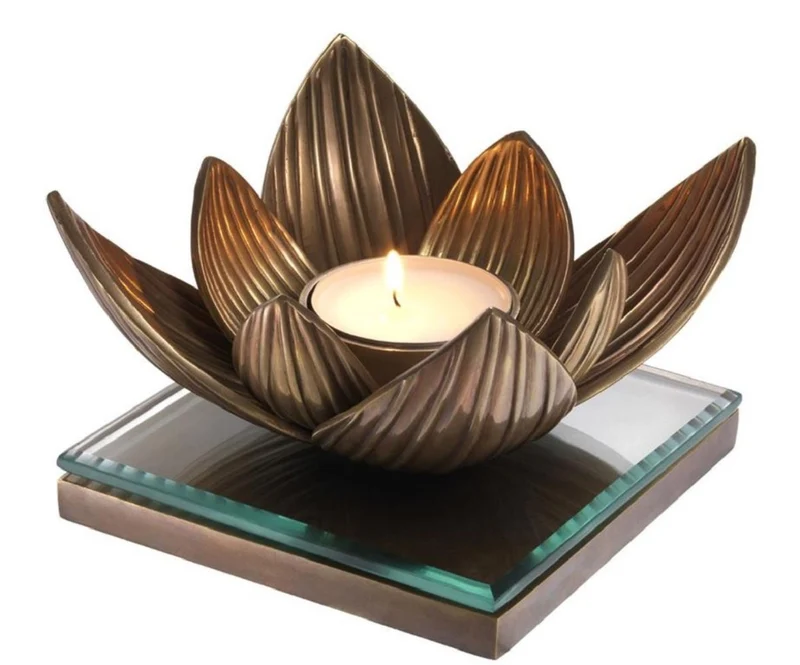 Casa Padrino Luxus Teelichthalter Lotusblume Vintage Messingfarben 16 x 16 x H. 10,5 cm - Deko Accessoires