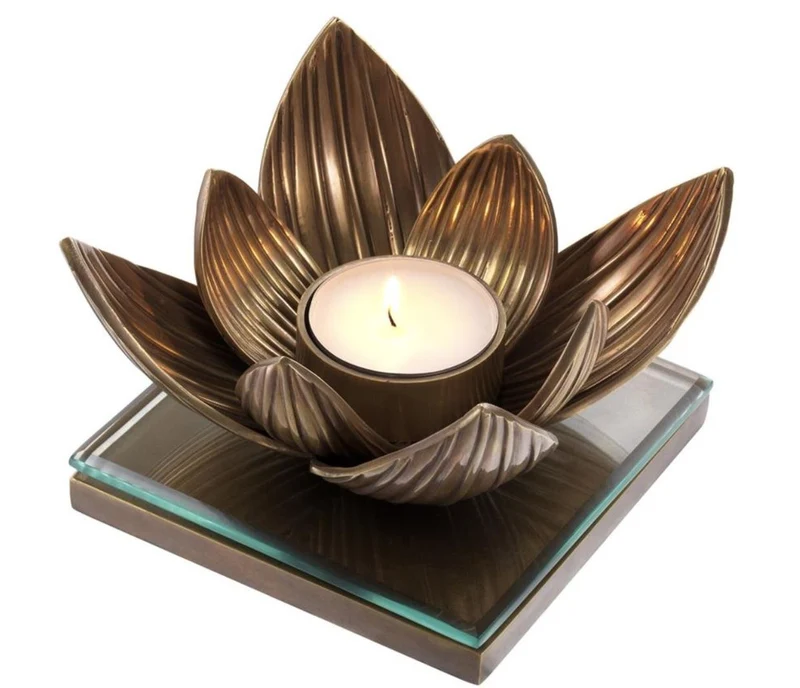 Casa Padrino Luxus Teelichthalter Lotusblume Vintage Messingfarben 16 x 16 x H. 10,5 cm - Deko Accessoires