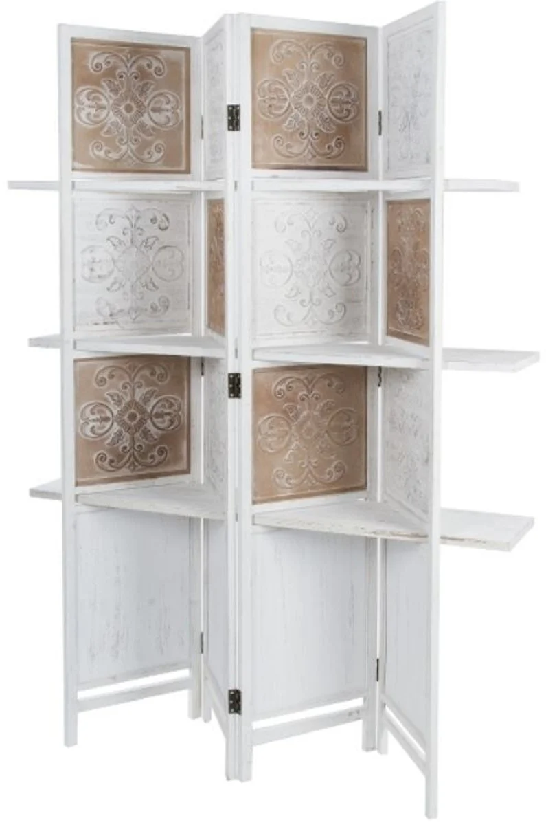 Casa Padrino Landhausstil Raumteiler mit 3 Regalen Antik Weiß / Antik Braun 155 x 2 x H. 181 cm - Shabby Chic Paravent Sichtschutz Trennwand