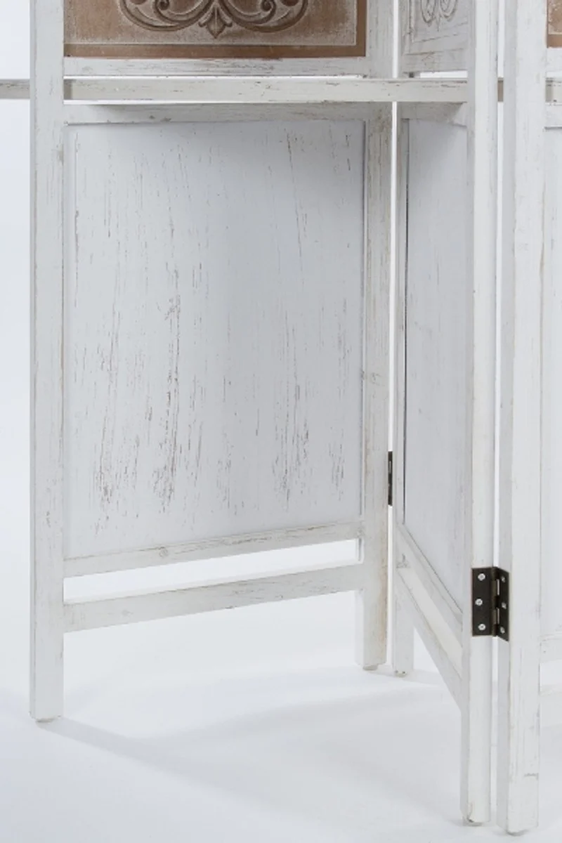 Casa Padrino Landhausstil Raumteiler mit 3 Regalen Antik Weiß / Antik Braun 155 x 2 x H. 181 cm - Shabby Chic Paravent Sichtschutz Trennwand