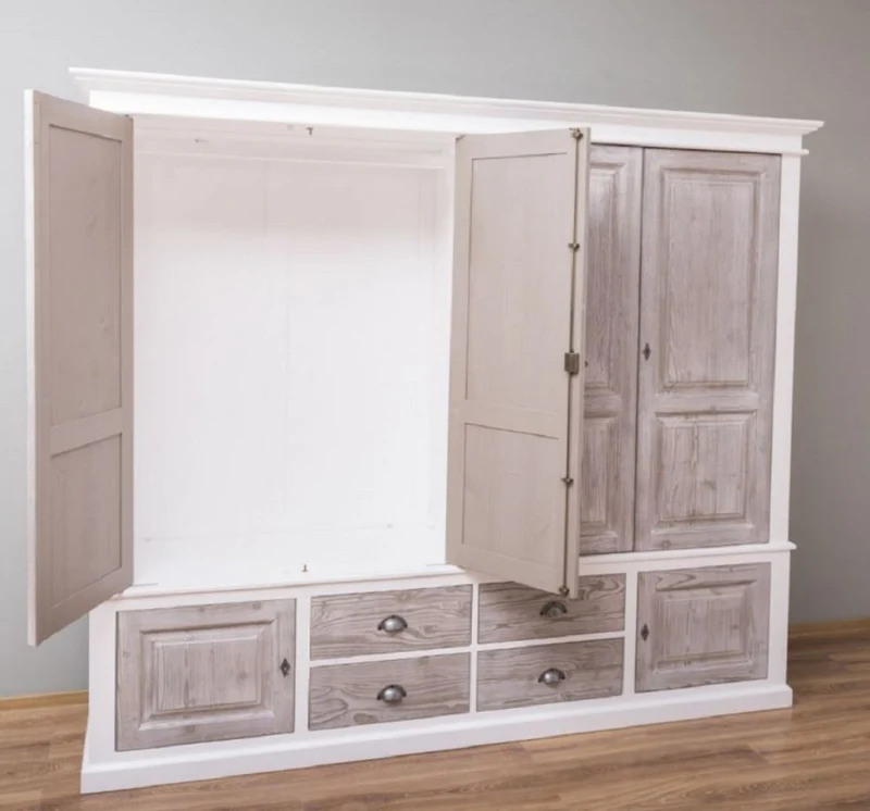 Casa Padrino Landhausstil Schlafzimmerschrank Weiß / Naturfarben 232 x 59 x H. 197 cm - Massivholz Kleiderschrank mit 6 Türen und 4 Schubladen - Massivholz Schlafzimmer Möbel im Landhausstil